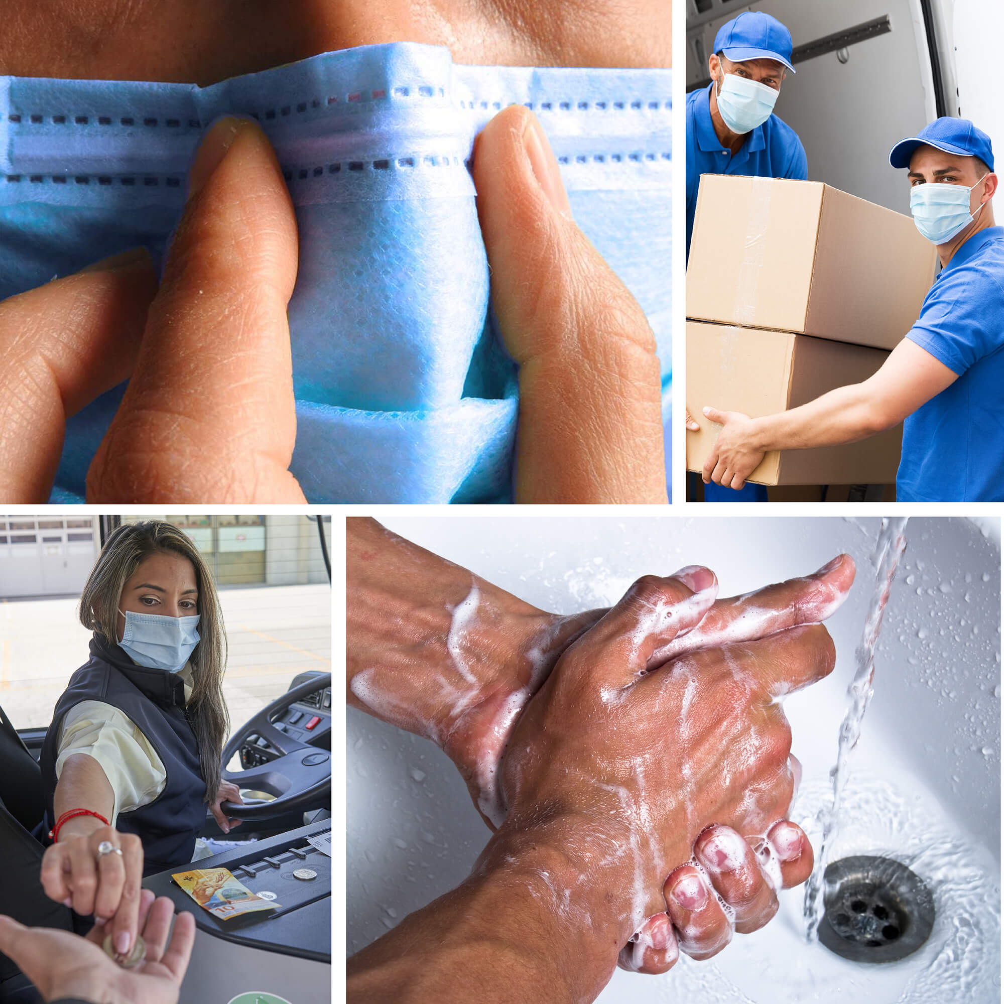 Properly fitting mask, workers wearing masks, driver wearing mask, and proper hand-washing