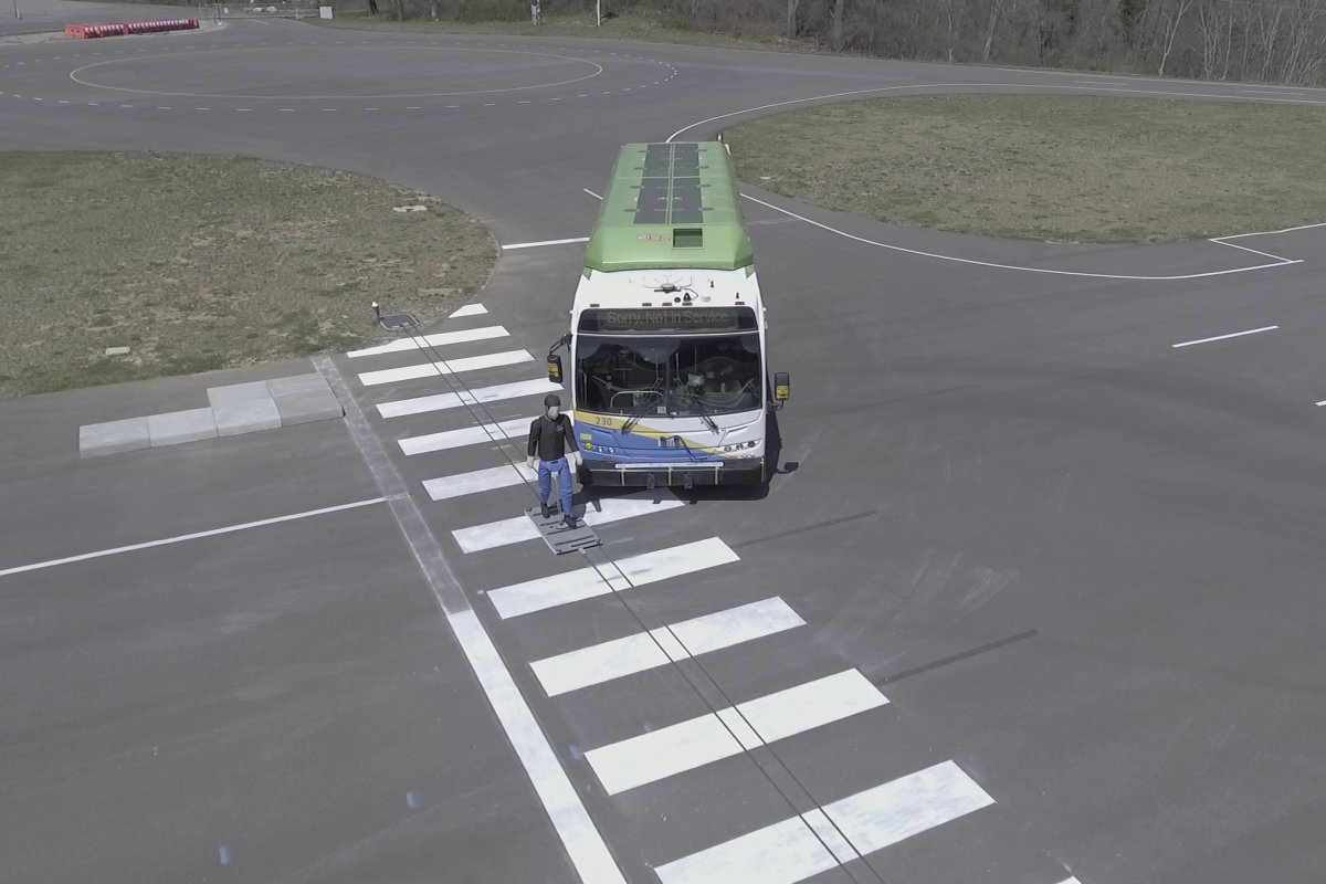 Bus and robot pedestrian in crosswalk